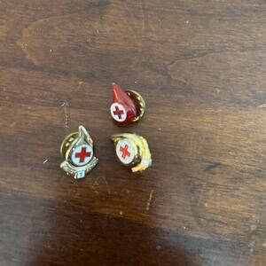 Vintage Red Cross Metal One Gallon Blood Donor x2 & Plastic Drop Pins